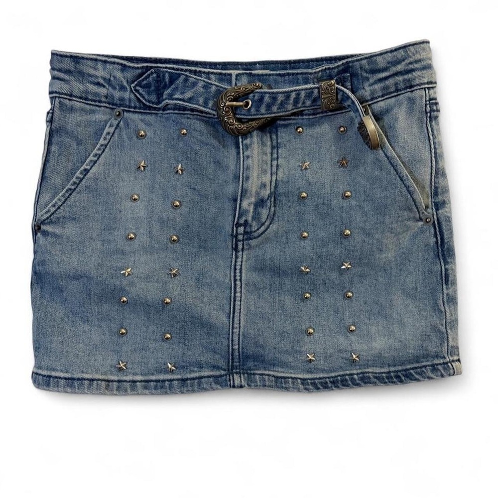 Rock & Roll Denim Girls Studded Star Blue Denim Mini Skirt Size 12 Western Belt
